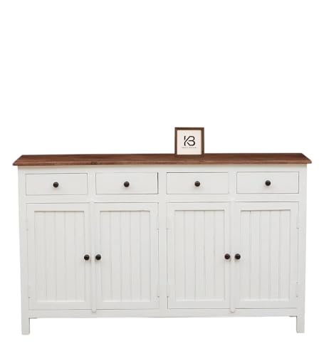 Image of Solid Wood Madrid (L) Sideboard for Living Room | Kitchen Storage Cabinet | Crockery Storage Unit | Storage Cabinet (Finish- Natural and Premium Pearl White Distressed Edge)