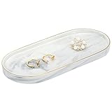 Emibele Kosmetik Tablett, Keramik Schmucktablett Ovale Ablageschale mit Goldrand Makeup Organizer Schmuck Aufbewahrung Parfüm Tablett für Badezimmer Toilettentank Waschtisch - Weißer Marmormuster