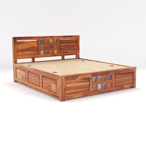 Image of Sheesham Wood King Size Bed with Storage Box | Wooden Box Bed King Size Double Cot Bed with Storage for Bedroom | Premium Tile Dalla Design Headboard Bed for Hotel, Home | Honey Finish