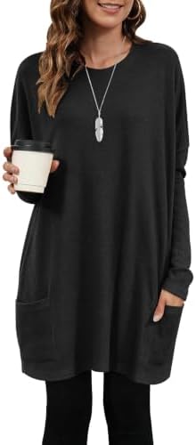AUSELILY Longpullover für Damen Langarmshirt Lang Oversized Rundhalsausschnitt T-Shirts Sweashirt Tunika Damen Pulli Long-Shirt Kleid mit Taschen