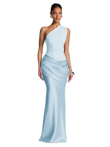 Mkojaa Women's Light Blue Corset Satin Prom Dresses Mermaid One Shoulder Long Sleeveless Ruched Formal Cocktail Party Gowns for Women Size14 EA082