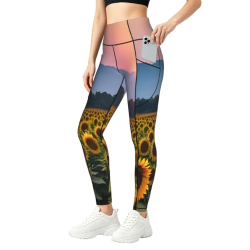 Pantalones de yoga con estampado de girasol y bolsillos laterales para mujer