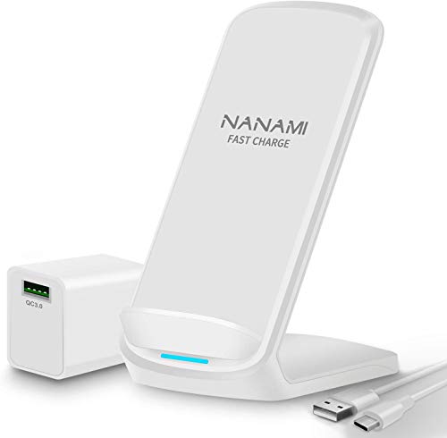 NANAMI ワイヤレス急速充電器 セット Qi/PSE認証 iPhone 12/12 Pro/12 Mini/SE (第2世代) /11 / 11 Pro / Xs / XR / Xs Max / X / 8 / 8 Plus、Galaxy S20 /S10 / S10+ / S9 / S9+ / S8 / S8+ / Note 10 / Note 9 、他のQi機種対応 5W/7.5W/10W Qiuck Charge QC3.0 アダプター付属 置くだけ充電 ワイヤレスチャージャー 白