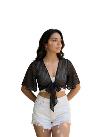 fineme Women’s Black Striped Tie Front Crop Shurg, Chiffon Boho Blouse with Flowy Sleeves, Summer Shurg for Casual-picture-17