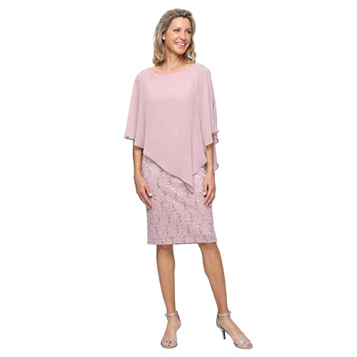 S.L. Fashions Women's Short Sequin Lace Beaded Capelet Overlay Dress