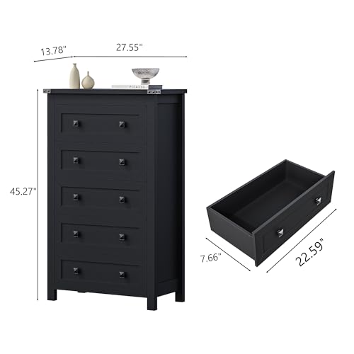 Image of Wodeer Black Dresser Tall 5 Drawer Dresser for Bedroom, Wooden Dressers & Chests of Drawers with Metal Handles, Modern Storage Cabinet and Organizer Drawers for Bedroom, Hallway, Entryway