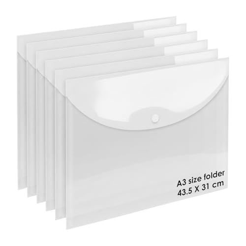 Image of Shuban Document File Folders with Snap Button Closure, Waterproof Plastic Envelope Pouches for Letter /A4 Size Paper, Assorted Transparent Colors (Style-6-A3 Clear Transparent Folder-6Pcs)