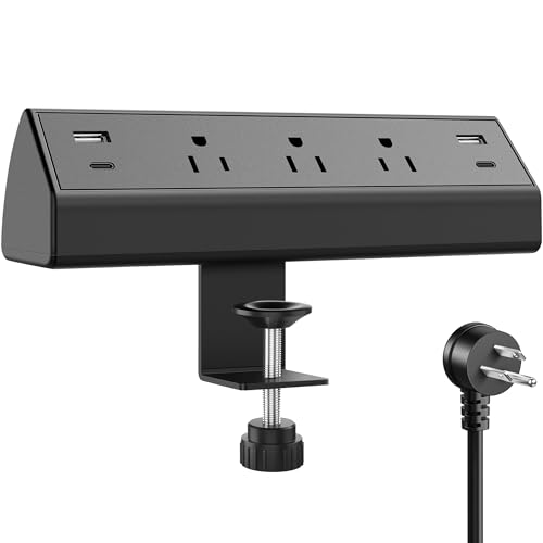 Desk Clamp Power Bar USB C 40W,2 PD 20W USB C,Desk Edge Mount Power Strip, 3 AC Outlets Surge Protector,Fit 1.96" Tabletop Edge,ETL Listed (Black, 4USB-40W) image 6