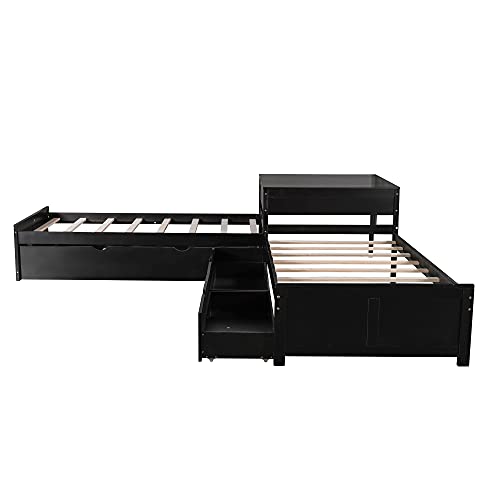 L Shaped Platform Bed With Trundle And Drawers Linked With Built-In Desk, Wooden Twin Bed Frame For 3 Kids Teens Adults, Espresso #TOP6