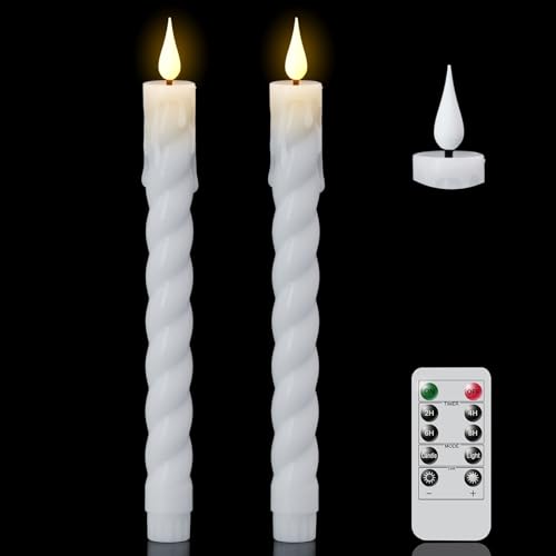 Image of Flickering Flameless Taper Candles with Remote and Timer, 2 Pack Battery Operated LED Taper Candles 3D Wick Plastic Dripping Effect Dinner Wedding Holiday Decor(White, 0.78 inch D x 9.65 inch H)