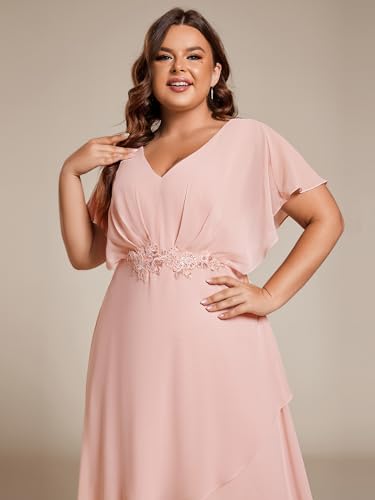 Image of Ever-Pretty Plus Ever-Pretty Women's Plus V Neck Applique Short Sleeves Tea Length Wedding Guest Dress Pink US20