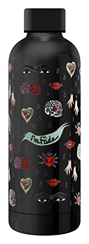 art&design24 - Botella térmica I'm Frida Pattern, color negro, botella térmica de 500 ml de acero inoxidable, 6,5 x 23 cm, ligera, termo para bebidas calientes y botella refrigerante, diseño esencial