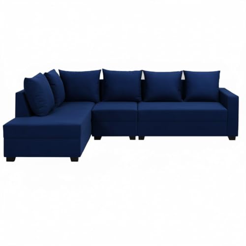 Image of FURNY Gloria 6 Seater Fabric LHS L Shape Sofa Set (Dark Blue) Premium Velvet Finish | Durable Comfort | Ideal for Living Room