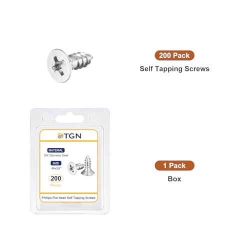 Image of DTGN 200Pcs #6x3 /8 inch Flat Head Wood Screws, 304 Stainless Steel Phillips Self Tapping Screws - Good for Woodworking, Furniture - Silver