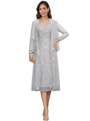 Image of 2 Pieces Mother of Bride Dresses with Jackets - Sequin Lace Chiffon A-Line Tea Length Formal Evening Dresses for Women