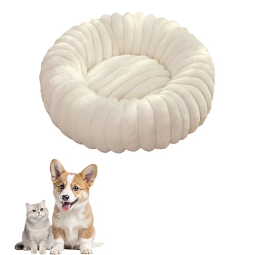 Donut Hundebett für kleine und mittelgroße Hunde, waschbares Kunstfell mit Cord-Fleece und rutschfester Unterseite, rundes Haustierbett mit abnehmbarem Bezug, Beige, L - 80 cm