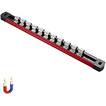 ALOANES 1/2-Inch Drive Magnetic Socket Organizer, Heavy Duty Aluminum Socket Rails, 11 Stainless Clips Red