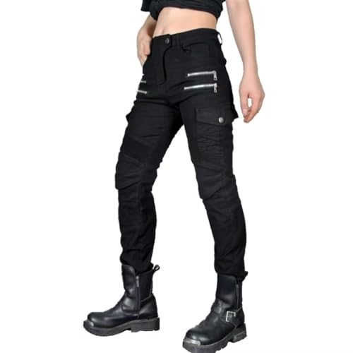Image of CBBI-WCCB Women Moto Jeans Motorcycle Pants Motorbike Biker Trousers with Zipper (UK, Waist & Inseam, 30, 31, Black)