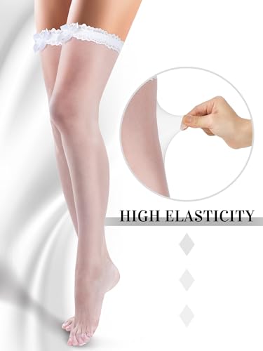 Image of Fourluoo 10 Pairs Silk Fishnet Thigh High Stockings Women Lace Top Sheer over Knee Stocking for Halloween
