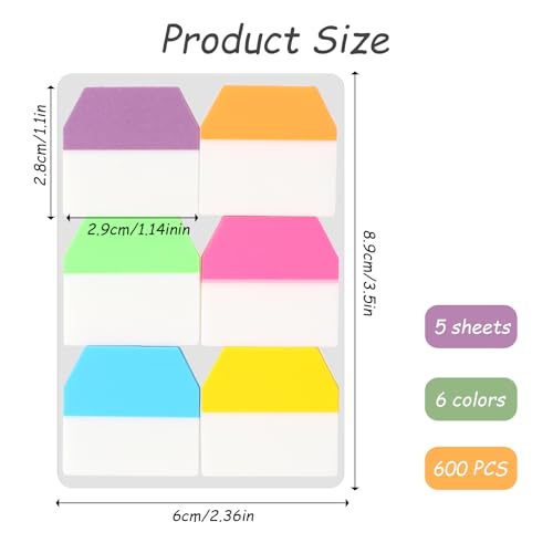 600 Stück Seitenmarkierungen Tabs 28x29 mm Farbige Beschreibbare Klebezettel Sticky Index Tabs Haftstreifen Bunt Page Marker Tabs für Büro Schule Dokumenten Bücher Dateiverwaltung