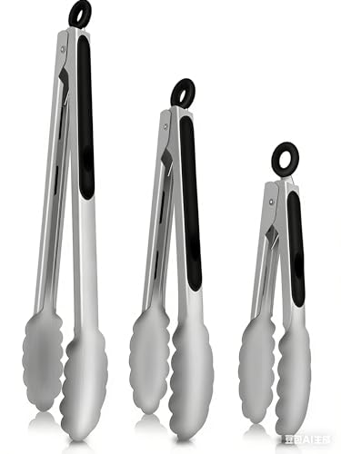 Tongs For Cooking - Heat Resistant 600 Degrees Stainless Steel Kitchen Tong,Heavy Duty Metal Locking Tongs - Perfect for Food,Salad and BBQ set of 3 (7",9" and 12") Dishwasher (silver)