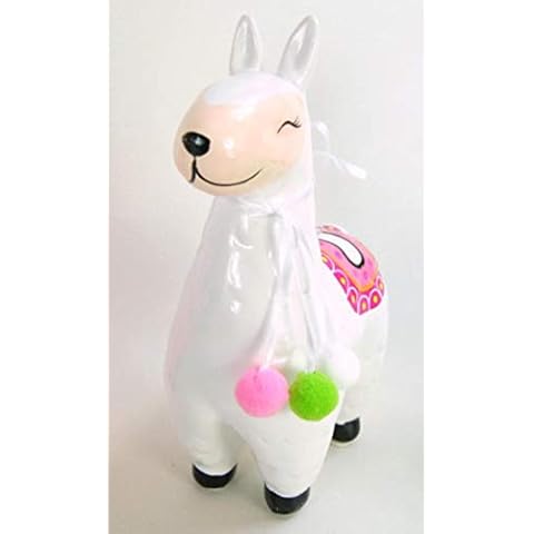 Money Piggy Saving Llama Box White Green and Pink with Hanging Pom Poms Cover