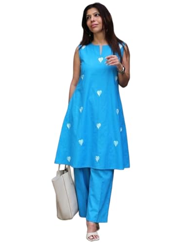 Image of ANNI Designer Kurta Set for Women Cotton Blend Embroidered | Kurti Set for Woman | Farshi Salwar Suit Kurta Palazzo Outfit | Round Neck V Slit Sleeveless Regular Fit Ethnic Dress Stylish Clothing