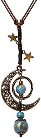 MINACHI Vintage Bohemian Hippie Blue Ceramic Beads Moon Star Lariat Necklace, Boho Hippie Statement Jewelry Gift for Women
