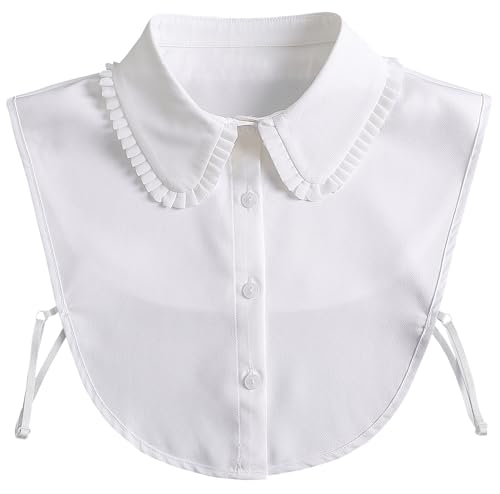 Eyibenlilan Detachable Peter Pan Collar for Women Ruffled Faux Collar Dickey Blouse Insert with Button Front Adjustable Half Shirt Fake Collar for Sweaters and DressesWhite