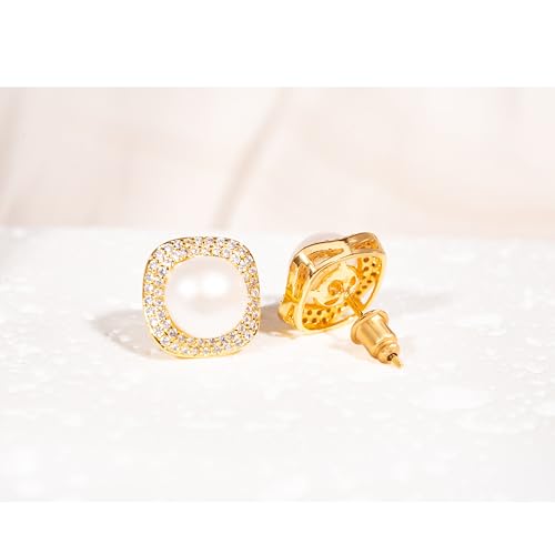 Pearl Earrings Studs 925 Sterling Silver 9MM Cultured Freshwater Pearl Cubic Zirconia Button Stud Earrings3