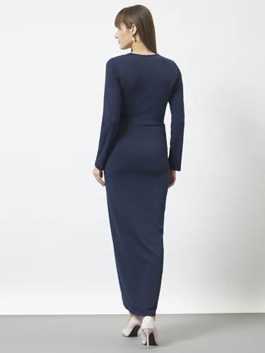 Image of Trend Arrest.ed Women's Bodycon Midi Dress | Square Neck Wrap Style | Stretchable | Full Sleeve Fitted Dress for Party, Evening, Casual Outings & Date Night