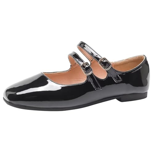 Hee grand Mary Jane Flats for Women Patent Leather Dress Shoes Square Toe Adjustable Buckle Strap Ballet Flats