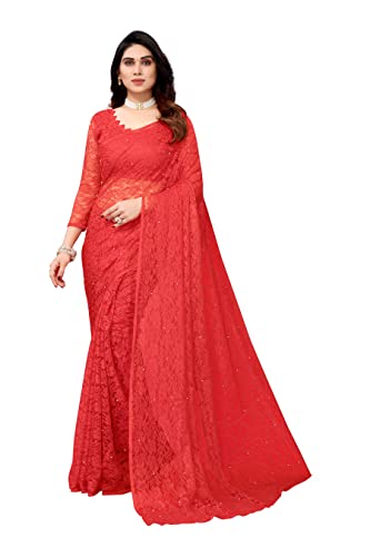 Yashika Women's Jacquard Net Standard Length Saree Abira Red, One Size
