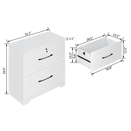 2 Drawer Wood Lateral File Cabinet With Lock, Home Office Storage Filing Cabinet With Anti-Tilt Mechanism With 8 Hanging Bars For Letter/Legal Size Heightened Drawer Side (White) #TOP6