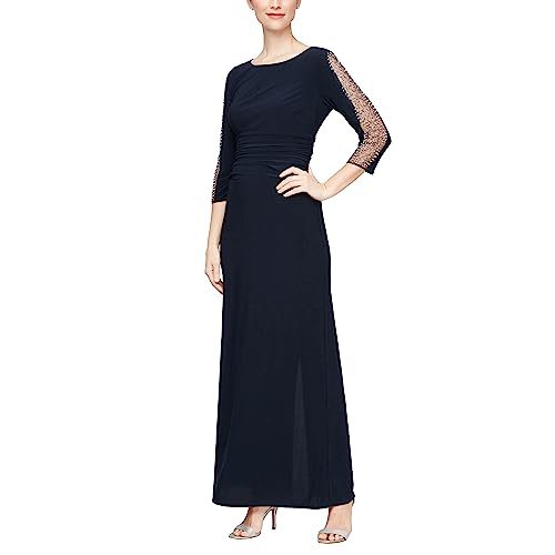 Image of S.L. Fashions Women's Long Length Ruched Waist Formal Evening Dress with Beaded Illusion Sleeves (Petite and Regular Sizes)