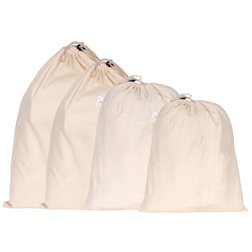 4-Pack Cotton Storage Bags 100% Natural Canvas Bread Bag, Bulk Food Produce - Shoe Bags Reusable -Vegetable Storage Bags