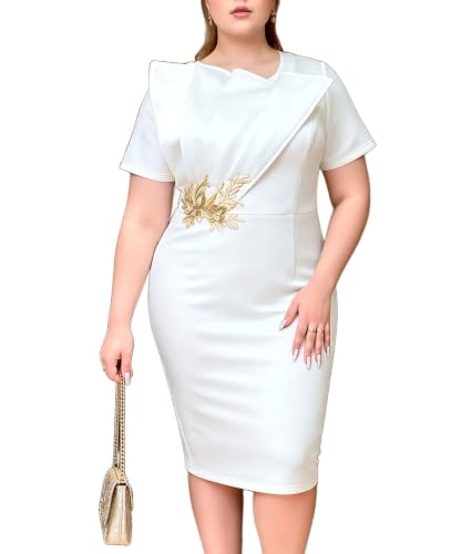 Image of ONTINVA Irregular Business Dress for Women's Outfits Crew Neck Peplum Tops Floral Applique Formal Pencil Dresses