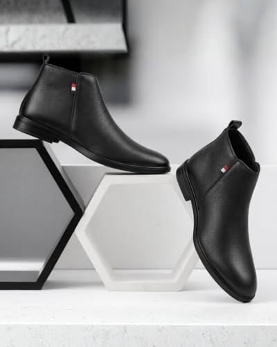 Image of Men's Retro Premium Chelsea Boots - Black Textured Classic Design with Side Zip, Minimalist Formal & Casual Ankle Boots for Men
