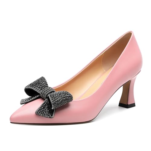 Image of Heels for Women Closed Patent Pointed Toe Bow Pumps Slip on Kitten Low Heels Wedding Party Dress Office Shoes 2.5Inch