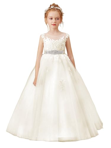MCieloLuna Lace Applique Tulle Flower Girl Dresses for Wedding Crystal Belt White Floor Length Pageant Princess Dress