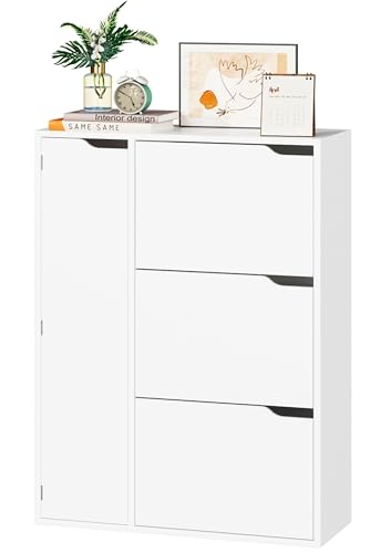 IRONCK Schuhschrank mit 3 Klappen, Schuhkipper Schmal mit Tür, Schuhregal Flur freistehend, Schuhkommode mit verstellbaren Trennwände, Schuhablage Schrank für Eingang Wohnzimmer, 77x30x108cm, Weiß IRONCK Schuhschrank mit 3 Klappen, Schuhkipper Schmal mit Tür, Schuhregal Flur freistehend, Schuhkommode mit verstellbaren Trennwände, Schuhablage Schrank für Eingang Wohnzimmer, 77x30x108cm, Weiß
