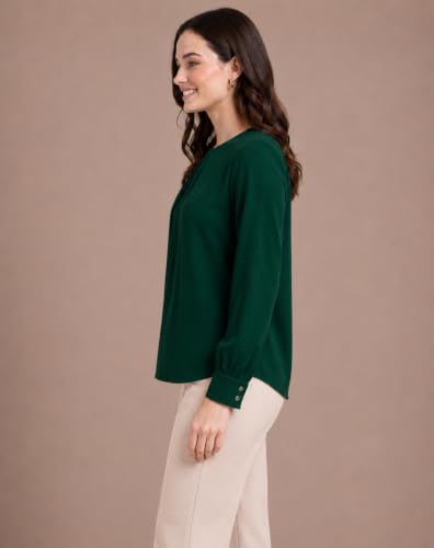 Image of Mirana Women's Full Sleeve Solid Top | Round Neck Pleated Front Regular Fit Office Casual Blouse with Button Cuffs