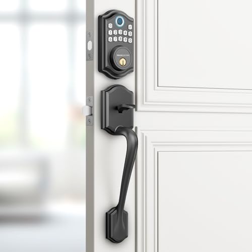 Image of AkaGear DS10 Keyless Entry Door Lock with Handle Set, Fingerprint Door Lock, Keypad Deadbolt, Exterior Door Knob Set, Smart Lock for Front Door, Auto-Lock, Code, 2 Keys, Easy Installation, Matte Black