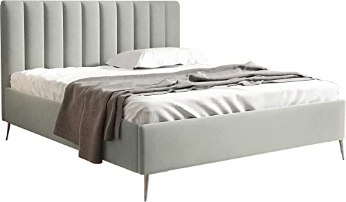 WFL GROUP Samtstoff Polsterbett Doppelbett Komplett 120x200 140x200 160x200 180x200 cm Bettgestell Mit Lattenrost und Kopfteil - Mit Hohem Rahmen - Hydrophobe Stoff - Hell Beige - 180 x 200 cm Cover