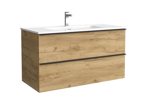 Salgar Mueble de baño Nabua 100 cm Roble con Tirador de pestaña | Lavabo de Porcelana