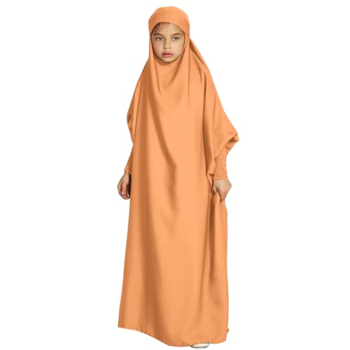 IBAKOM Kids Prayer Clothes Long Sleeve Muslim Abaya for Girl Dress Satin Modest Islamic Jilbab Dubai Attire Arabian Thobe