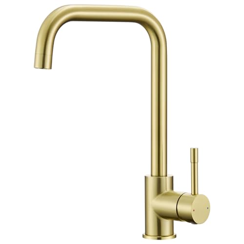 CECIPA Grifo Cocina Dorado, Mezclador de Cocina Arco Alto Caudal 360 con Cartucho de Cerámica de Alto Rendimiento, Adaptable a Todos los Fregates (Individual/Doppelbecken)