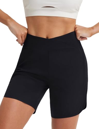 baleaf Women's 7' Athletic Running Shorts for Women UPF 50+ Quick Dry Workout Hiking Walking Long Shorts Crossover High Waisted Moisture Wicking Lightweight Zipper Pocket Active Black L
