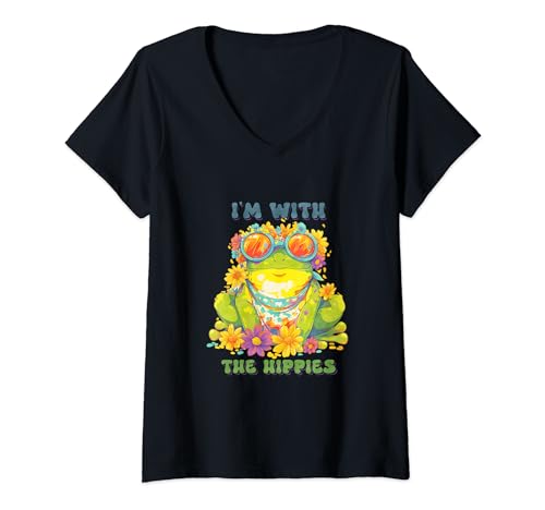 Donna I'm With the Hippies – Divertente e Groovy Frog Design Maglietta con Collo a V