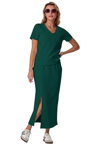 Image of GRECERELLE Women Summer Casual 2 Piece Sets V-Neck Wrinkle-Free Top & Elastic Waist Midi Side Slit Skirt with Pockets